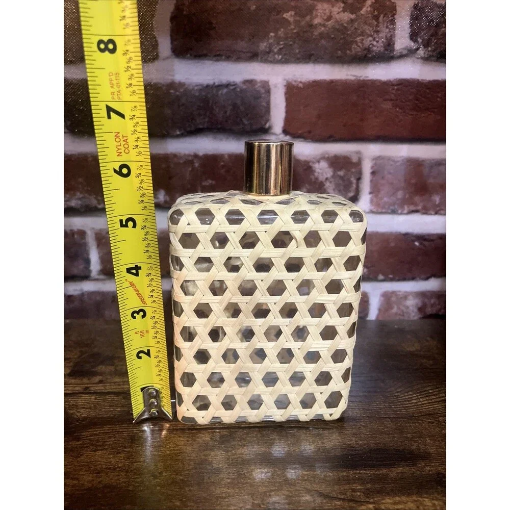 Vintage Wicker Wrapped Square Whiskey (?) Bottle With Metal Cap; has cork inside